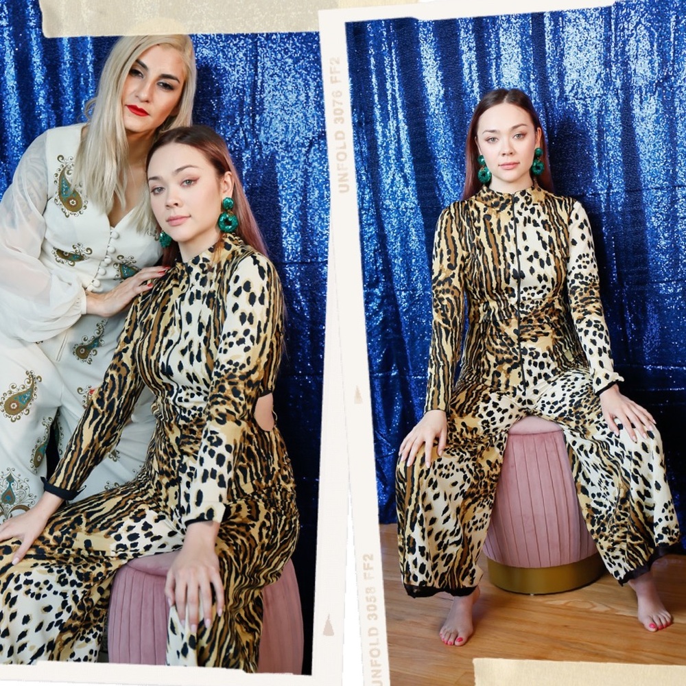 Vtg 70s RARE Animal Print Side Cutout Jumpsuit S M